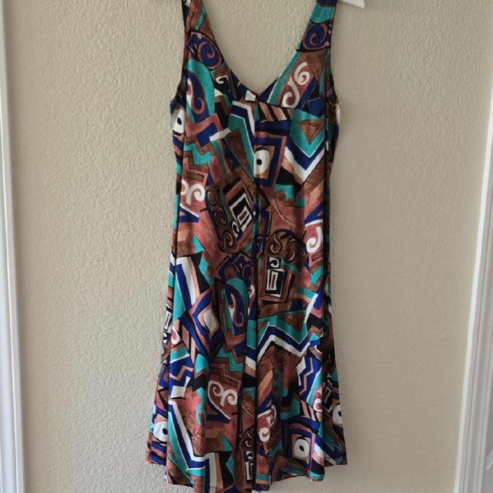 Hand Crafted Geometric Mini Dress in Brown and Blue